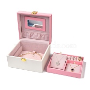 PU Leather Jewelry Organizer Box, with Paper Inside Box & Mirror, Portable Jewelry Storage Case, for Ring, Earrings and Necklace, Rectangle, Pink, 17.7x16x10.7cm (CON-Z005-01A)