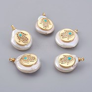 Natural Cultured Freshwater Pearl Pendants, with Cubic Zirconia and Enamel, Brass Findings, Long-Lasting Plated, Flat Round with Hamsa Hand, Real 18K Gold Plated, 14~21x9~16x5~9mm, Hole: 1.5mm(PEAR-F008-05G)