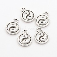 Feng Shui Tibetan Style Alloy Charms Pendants, Cadmium Free & Nickel Free & Lead Free, Flat Round Carved Yin Yang, Antique Silver, 10x2.5mm, Hole: 2mm(X-TIBEP-A039-AS-NF)
