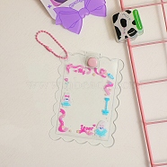 PVC Photocard Sleeve Keychain, with Ball Chains, Wave-Edged Rectangle with Hot Pink Ribbon Pattern, Clear, 110x80mm, Inner Diameter: 100x64mm(ZXFQ-PW0001-093A)