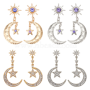 4 Pairs 4 Style Rhinestone Moon & Star Dangle Stud Earrings, Alloy Long Drop Earrings, Platinum & Golden, 50~60x25~27mm, 1 Pair/style(EJEW-AN0004-45)