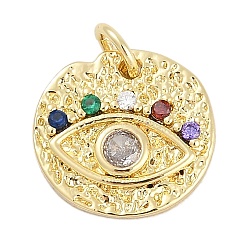 Rack Plating Brass Pendants, with Cubic Zirconia, Round with Evil Eye Charms, Long-Lasting Plated, Lead Free & Cadmium Free, with Jump Ring, Real 18K Gold Plated, 13x13.5x2.5mm, Hole: 3mm(KK-Q028-16G)