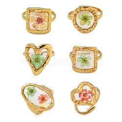 Brass Adjustable Rings for Women, Cadmium Free & Lead Free, with Epoxy Resin & Dried Flower inside, Real 18K Gold Plated, Mixed Shapes, 15~26.5mm, Inner Diameter: 17mm(RJEW-G265-10G)