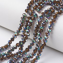 Electroplate Transparent Glass Beads Strands, Half Multi-color Plated, Faceted, Rondelle, Saddle Brown, 6x5mm, Hole: 1mm, about 92~94pcs/strand, 17~17.5 inch(42.5~43.75cm)(EGLA-A034-T6mm-Q01)