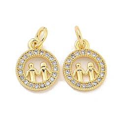 Brass Micro Pave Clear Cubic Zirconia Charms, Round with Human, Golden, 12.5x10x1.5mm, Hole: 3mm(KK-Z044-34G)