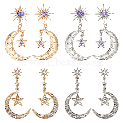 3 Pairs 3 Style Rhinestone Moon & Star Dangle Stud Earrings, Alloy Long Drop Earrings, Platinum & Golden, 50~60x25~27mm, 1 Pair/style(EJEW-AN0004-45)