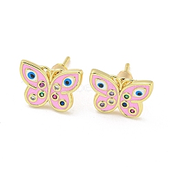 Butterfly with Evil Eye Real 18K Gold Plated Brass Stud Earrings, with Enamel and Cubic Zirconia, Pink, 9x12.5mm(EJEW-L269-098G-02)