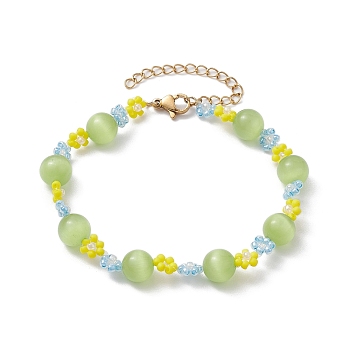 Cat Eye Round Beaded Bracelets, Flower Glass Seed Beads Bracelets for Women, Yellow Green, 7-7/8 inch(20cm)