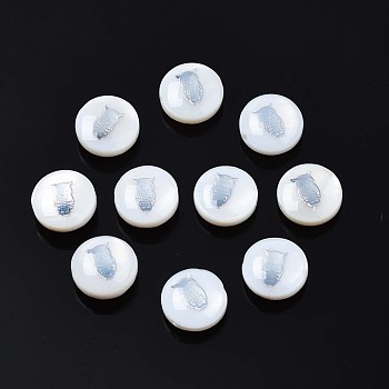 Natural Freshwater Shell Beads, with Brass Metal Embellishments, Flat Round with Owl, Platinum, 8x4~5mm, Hole: 0.6mm