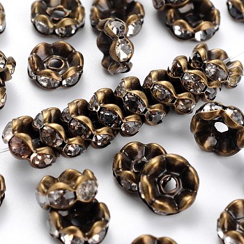 Rhinestone Spacer Beads, Copper, Grade A, Flat Round, Antique Bronze Metal Color, Clear, Size: about 8mm in diameter, 4mm thick, hole: 1.5mm