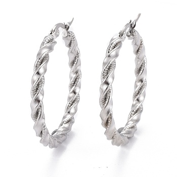 304 Stainless Steel Hoop Earring, Hypoallergenic Earrings, with Ear Nut, Textured, Twisted Ring Shape, Stainless Steel Color, 35.5x3.5mm, Pin: 0.5x1mm
