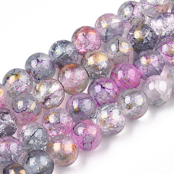 Baking Painted Crackle Glass Bead Strands, with Gold Powder, Round, Violet, 10mm, Hole: 1.4mm, about 80pcs/strand, 30.87 inch(78.4cm)
