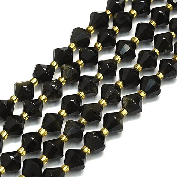 Natural Golden Sheen Obsidian Beads Strands, Faceted, Rhombus, 8~8.5x8~8.5mm, Hole: 1mm, about 37pcs/strand, 15.35''(39cm)