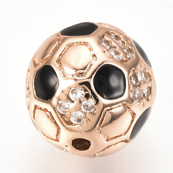 Brass Micro Pave Cubic Zirconia Beads, with Enamel, FootBall/Soccer Ball, Rose Gold, 8mm, Hole: 1mm