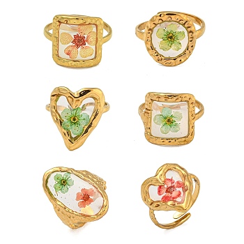 Brass Adjustable Rings for Women, Cadmium Free & Lead Free, with Epoxy Resin & Dried Flower inside, Real 18K Gold Plated, Mixed Shapes, 15~26.5mm, Inner Diameter: 17mm