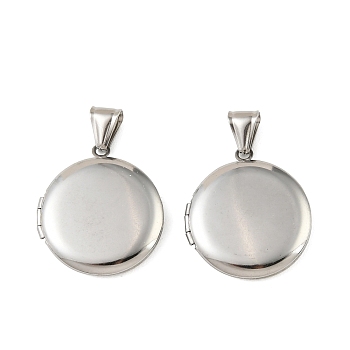 316 Stainless Steel Locket Pendants, Flat Round Charm, with 304 Stainless Steel Snap on Bails, Stainless Steel Color, 31x27.5x5.5mm, Hole: 8.5x4mm, Inner Diameter: 20mm