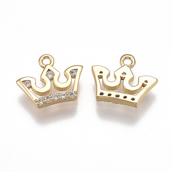 Brass Cubic Zirconia Charms, Crown, Clear, Nickel Free, Real 18K Gold Plated, 10x12x2mm, Hole: 1mm