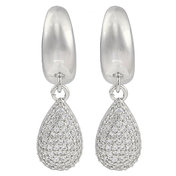 Teardrop Clear Cubic Zirconia Dangle Earrings, Brass Stud Earrings for Women, Platinum, 31x9mm