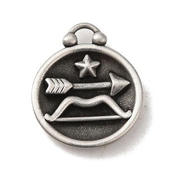 304 Stainless Steel Pendants, Flat Round with Constellations Charm, Antique Silver, Sagittarius, 20.5x17x3mm, Hole: 2.5x2mm