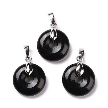 Natural Obsidian Pendants, with Platinum Tone Brass Findings, Cadmium Free & Lead Free, Donut/Pi Disc, 24~25x20x8.5mm, Hole: 8x5mm