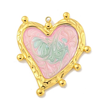 Ion Plating(IP) 304 Stainless Steel Pendants, with Enamel, Real 18K Gold Plated, Heart Charm, Pink, 40.5x35x2.5mm, Hole: 2mm