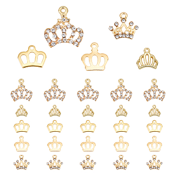 PandaHall Elite 30Pcs 5 Style Alloy Rhinestone & Stainless Steel & Brass Charms, Crown, Golden, 6pcs/style