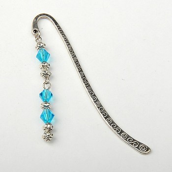 Tibetan Style Bookmarks/Hairpins, with Glass Beads, Deep Sky Blue, 84mm