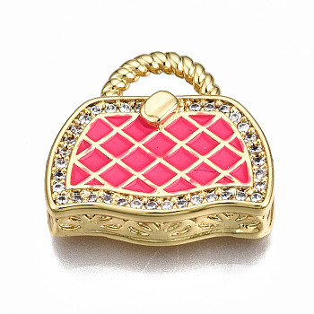 Brass Micro Pave Cubic Zirconia Enamel Pendants, Nickel Free, Bag, Real 16K Gold Plated, Deep Pink, 17.5x19x5mm, Hole: 3x6mm