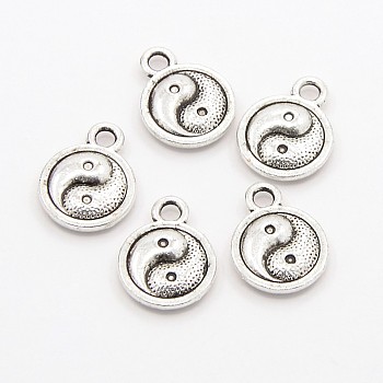 Feng Shui Tibetan Style Alloy Charms Pendants, Cadmium Free & Nickel Free & Lead Free, Flat Round Carved Yin Yang, Antique Silver, 10x2.5mm, Hole: 2mm