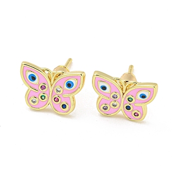 Butterfly with Evil Eye Real 18K Gold Plated Brass Stud Earrings, with Enamel and Cubic Zirconia, Pink, 9x12.5mm