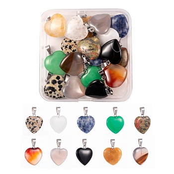 20Pcs 10 Style Heart Natural Gemstone Pendants, with Platinum Tone Brass Findings, 20~22x20~21x5~8mm, Hole: 2x7mm, 2pcs/style