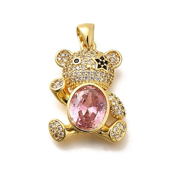 Rack Plating Brass Micro Pave Cubic Zirconia Pendants, Long-Lasting Plated, Lead Free & Cadmium Free, Bear Charms, Real 18K Gold Plated, 23.5x17.5x5.5mm, Hole: 5x3mm