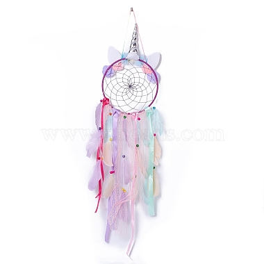 Handmade Unicorn Woven Net/Web with Feather Wall Hanging Decoration(HJEW-A001-01B)-4