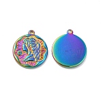 Ion Plating(IP) 304 Stainless Steel Pendants, Flat Round with Girl Charm, Rainbow Color, 18x16x2mm, Hole: 1.4mm(STAS-B032-10MC)