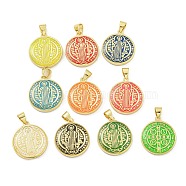 Rack Plating Brass Enamel Pendants, Long-Lasting Plated, Lead Free & Cadmium Free, Flat Round with Cssml Ndsmd Cross God Father/Saint Benedict Charm, Real 18K Gold Plated, Mixed Color, 19.5x17.5x4mm, Hole: 3.2x4.3mm(KK-Z067-26G)