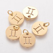 304 Stainless Steel Charms, Flat Round with Constellation/Zodiac Sign, Golden, Gemini, 12x1mm, Hole: 3mm(STAS-Q201-T445-3G)