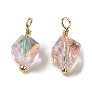 Electroplate Glass Charms, with Real 18K Gold Plated Brass Loop, Faceted Diagonal Cube Charm, Misty Rose, 12.5x8x7.5mm, Hole: 1.6mm(KK-P242-22G-01)