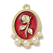 Alloy Enamel Pendants, with Plastic Imitation Pearls Bead, Long-Lasting Plated, Golden, Oval with Rose Charm, Red, 25x16.5x4mm, Hole: 1.8mm(PALLOY-Z016-11B-G)