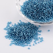 12/0 Glass Seed Beads, Silver Lined Round Hole, Round, Steel Blue, 2mm, Hole: 1mm, about 3306pcs/50g(X-SEED-A005-2mm-23B)