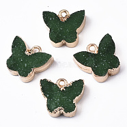 Druzy Resin Pendants, with Edge Light Gold Plated Iron Loops, Butterfly, Dark Green, 14.5x16x6.5mm, Hole: 1.8mm(RESI-R428-017A)