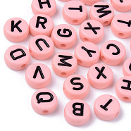 Opaque Acrylic Beads, Horizontal Hole, Flat Round with Black Random Letters, Pink, 10x4.5mm, Hole: 2mm, about 1600pcs/500g(MACR-S273-50A)