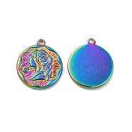 Ion Plating(IP) 304 Stainless Steel Pendants, Flat Round with Girl Charm, Rainbow Color, 18x16x2mm, Hole: 1.4mm(STAS-B032-10MC)