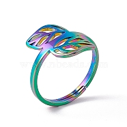 Ion Plating(IP) 201 Stainless Steel Hollow Out Leaf Adjustable Ring for Women, Rainbow Color, US Size 6(16.5mm)(RJEW-C045-05M)
