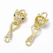 Rack Plating Brass Micro Pave Clear & Black Cubic Zirconia S-Hook Clasps, Long-Lasting Plated, Cadmium Free & Lead Free, Leopard, Real 18K Gold Plated, 46.5mm, Hole: 4mm, Leopard: 23.5x15x8mm, Clasp: 29x10x3.5mm(ZIRC-C041-18G)