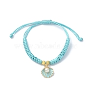 Shell Shape Alloy Enamel Pendant Bracelets with ABS Plastic Imitation Pearl, Adjustable Waxed Polyester Braided Cord Bracelets, for Women, Turquoise, 0.12cm, Inner Diameter: 1-1/8~3-3/8 inch(2.9~8.5cm)(BJEW-JB09882-02)