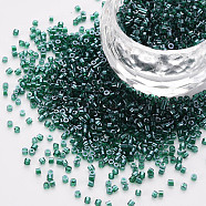 Glass Cylinder Beads, Seed Beads, Transparent Colours Luster, Round Hole, Dark Green, 1.5~2x1~2mm, Hole: 0.8mm, about 8000pcs/bag, about 1pound/bag(SEED-S047-G-008)