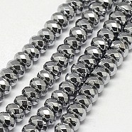 Electroplate Non-magnetic Synthetic Hematite Beads Strands, Faceted, Rondelle, Grade A, Silver Plated, 6x4mm, Hole: 1.2mm, about 100pcs/strand, 16 inch(G-J161-6x4mm-02)