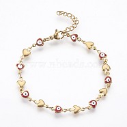 Ion Plating(IP) 304 Stainless Steel Link Chain Bracelets, with Enamel and Lobster Claw Clasps, Heart with Evil Eye, Red, 7-1/4 inch(18.5cm)(BJEW-P236-30G-01)