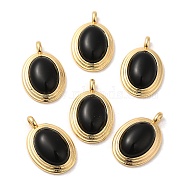 Natural Black Onyx(Dyed & Heated) Pendants, Brass Oval Charms, Real 18K Gold Plated, 23x15x7mm, Hole: 3x2mm(KK-M270-41G-02)