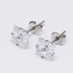 Cubic Zirconia Ear Studs, with Stainless Steel Base, Stainless Steel Color, 4x4mm, Pin: 0.7mm(STAS-E051-2A)